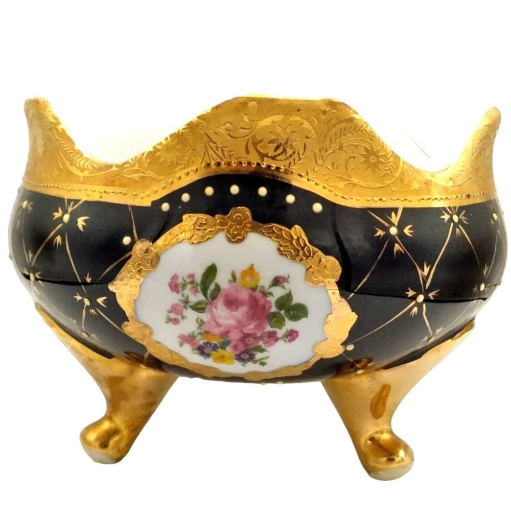 Limoge Design Cobalt Blue Hand Painted 24K Gilded Porcelain Footed Bowl